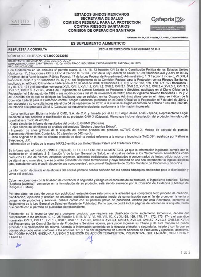 Primera carilla del oficio 173300CO362085 de COFEPRIS sobre GNM-X